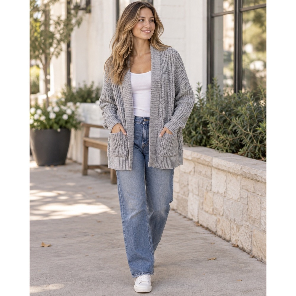 American Eagle Gray Waffle Knit Open Front Cardigan Sweater Pockets Medium